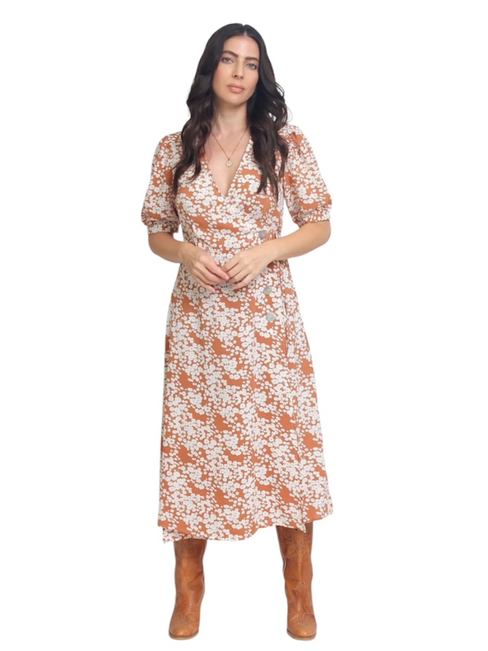 Crescent Tan White Floral Wrap Dress Maxi Length Short Sleeve Pearl Size Small
